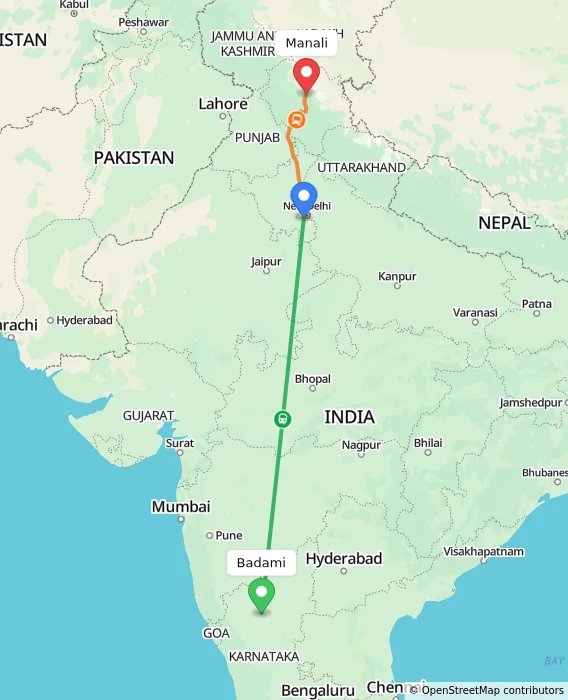 Route map showing distance and travel time from Badami, India to Manali, India