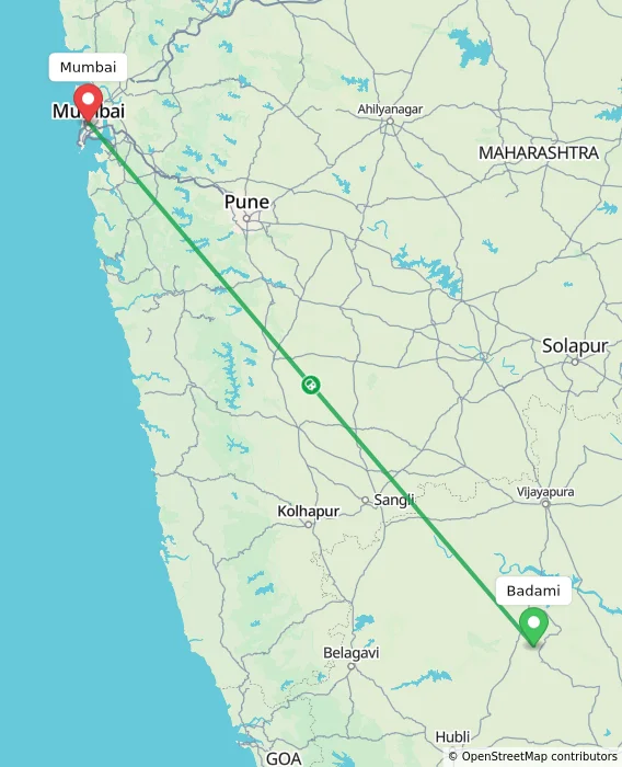 Route map showing distance and travel time from Badami, India to Mumbai, India