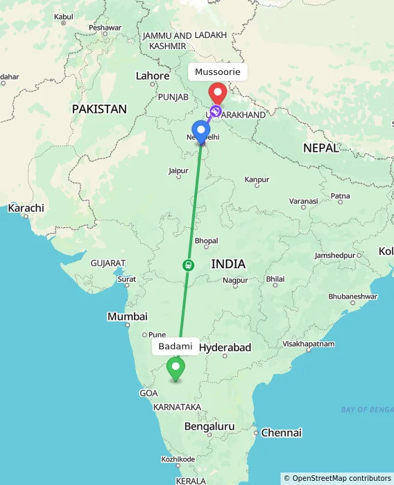 Route map showing distance and travel time from Badami, India to Mussoorie, India