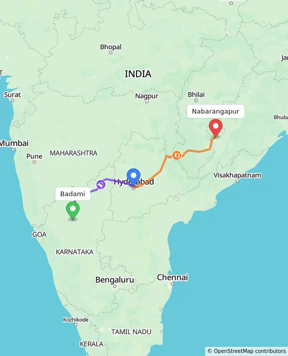 Route map showing distance and travel time from Badami, India to Nabarangapur, India