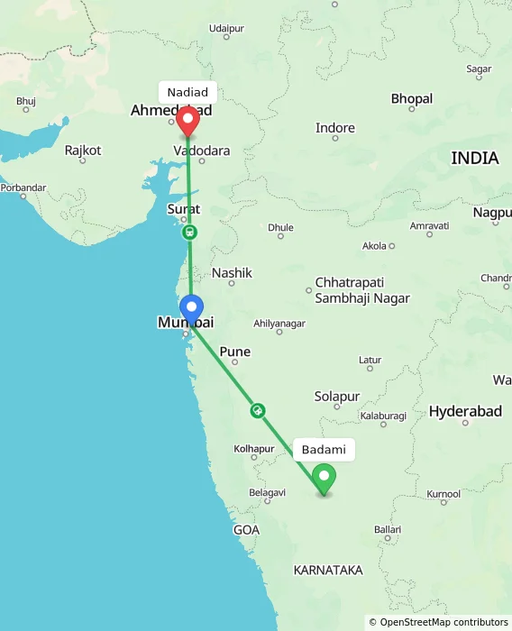 Route map showing distance and travel time from Badami, India to Nadiad, India