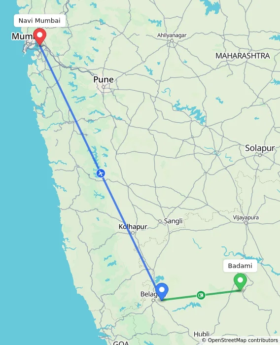 Route map showing distance and travel time from Badami, India to Navi Mumbai, India