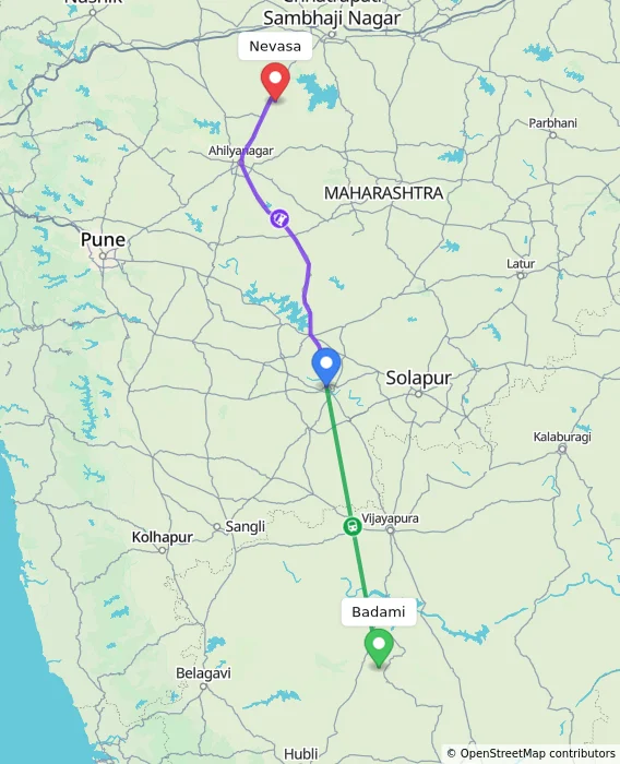 Route map showing distance and travel time from Badami, India to Nevasa, India
