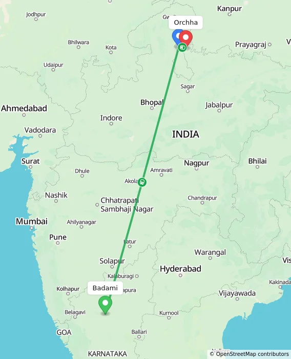 Route map showing distance and travel time from Badami, India to Orchha, India