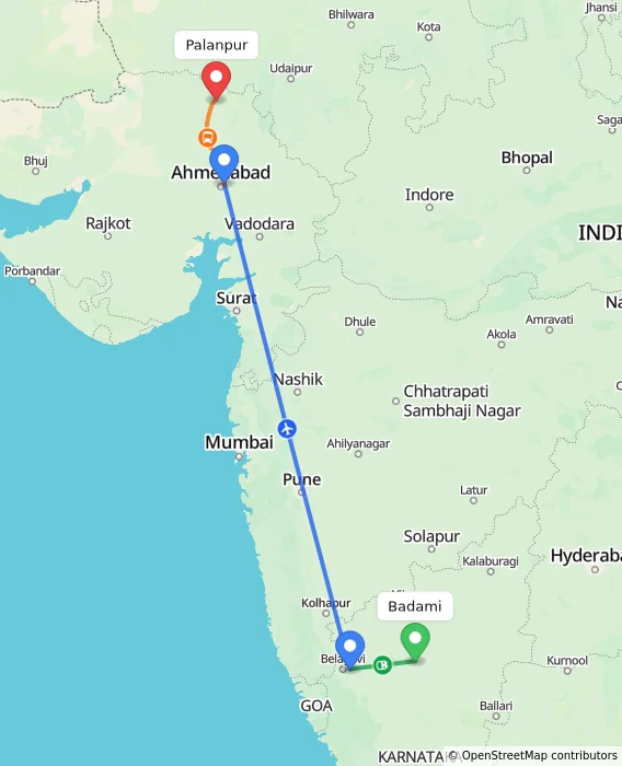 Route map showing distance and travel time from Badami, India to Palanpur, India