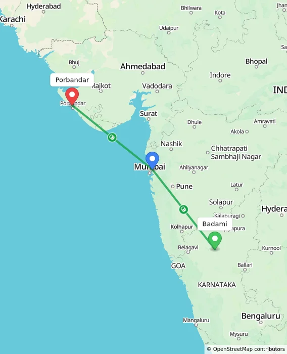 Route map showing distance and travel time from Badami, India to Porbandar, India