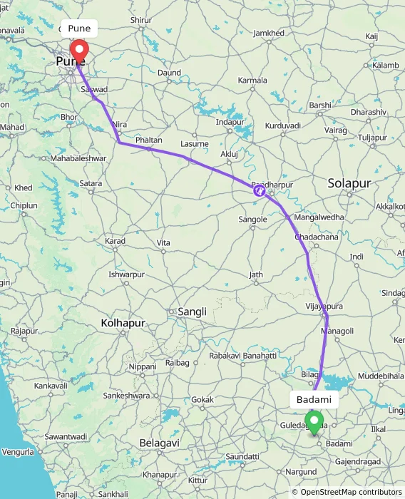 Route map showing distance and travel time from Badami, India to Pune, India