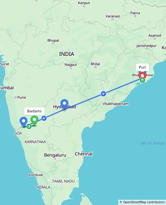 Route map showing distance and travel time from Badami, India to Puri, India