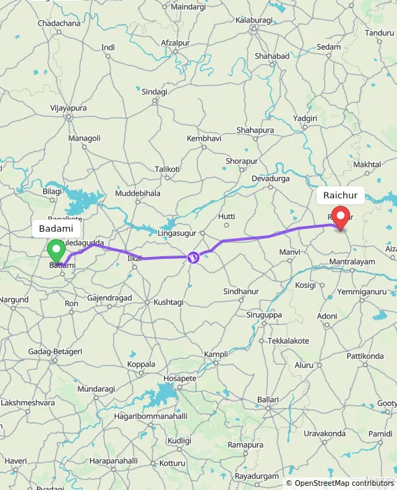 Route map showing distance and travel time from Badami, India to Raichur, India