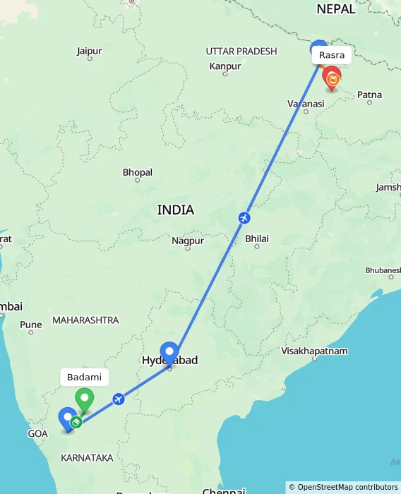 Route map showing distance and travel time from Badami, India to Rasra, India