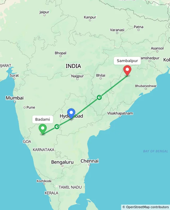 Route map showing distance and travel time from Badami, India to Sambalpur, India