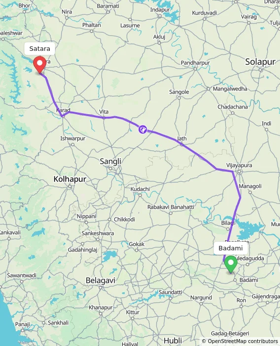 Route map showing distance and travel time from Badami, India to Satara, India