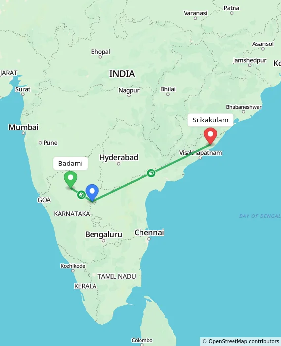 Route map showing distance and travel time from Badami, India to Srikakulam, India