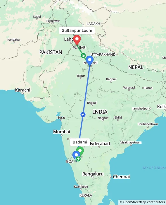 Route map showing distance and travel time from Badami, India to Sultanpur Lodhi, India