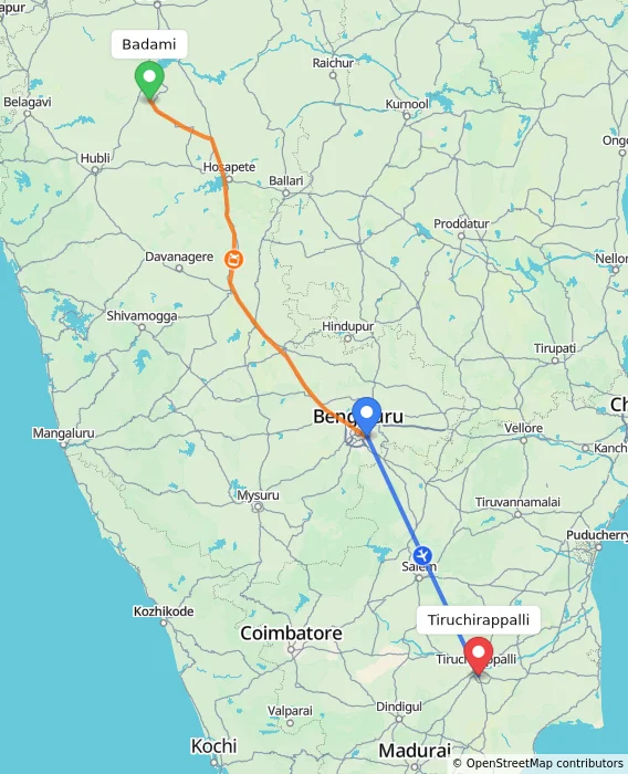 Route map showing distance and travel time from Badami, India to Tiruchirappalli, India