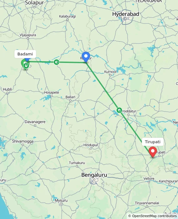 Route map showing distance and travel time from Badami, India to Tirupati, India