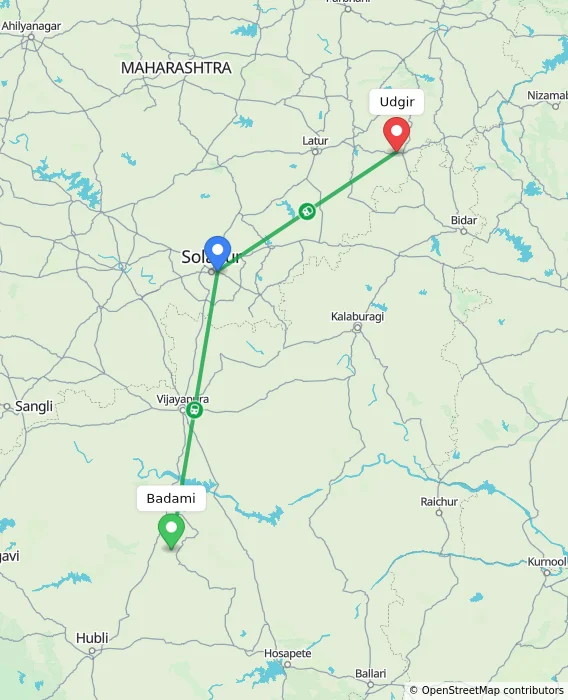 Route map showing distance and travel time from Badami, India to Udgir, India