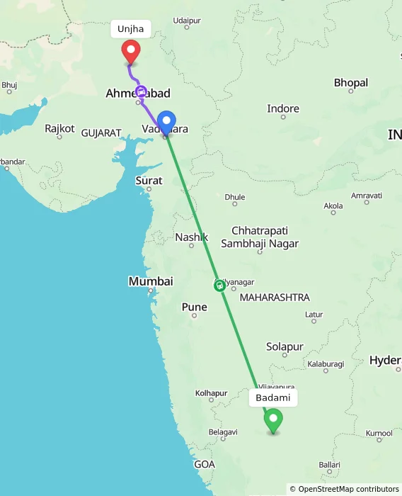 Route map showing distance and travel time from Badami, India to Unjha, India