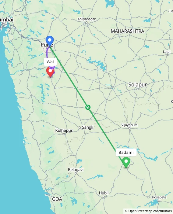 Route map showing distance and travel time from Badami, India to Wai, India