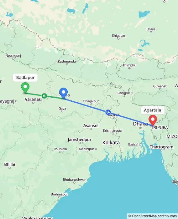 Route map showing distance and travel time from Badlapur, India to Agartala, India