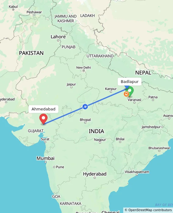 Route map showing distance and travel time from Badlapur, India to Ahmedabad, India