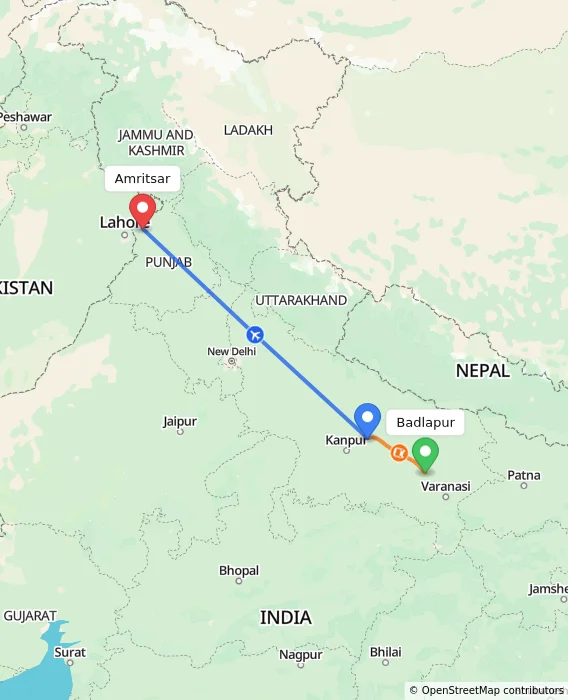 Route map showing distance and travel time from Badlapur, India to Amritsar, India