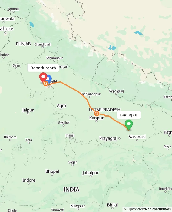 Route map showing distance and travel time from Badlapur, India to Bahadurgarh, India