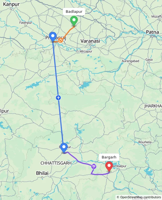 Route map showing distance and travel time from Badlapur, India to Bargarh, India