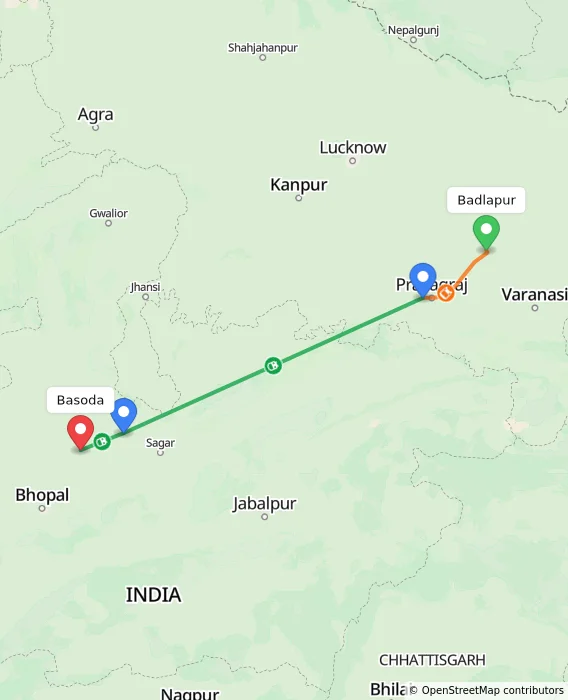 Route map showing distance and travel time from Badlapur, India to Basoda, India