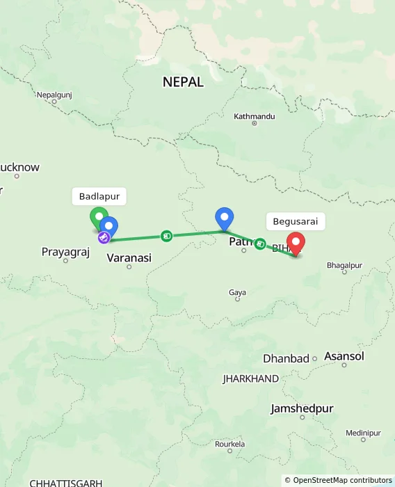 Route map showing distance and travel time from Badlapur, India to Begusarai, India
