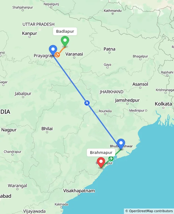 Route map showing distance and travel time from Badlapur, India to Brahmapur, India