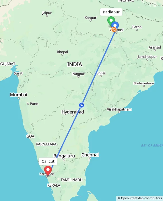 Route map showing distance and travel time from Badlapur, India to Calicut, India