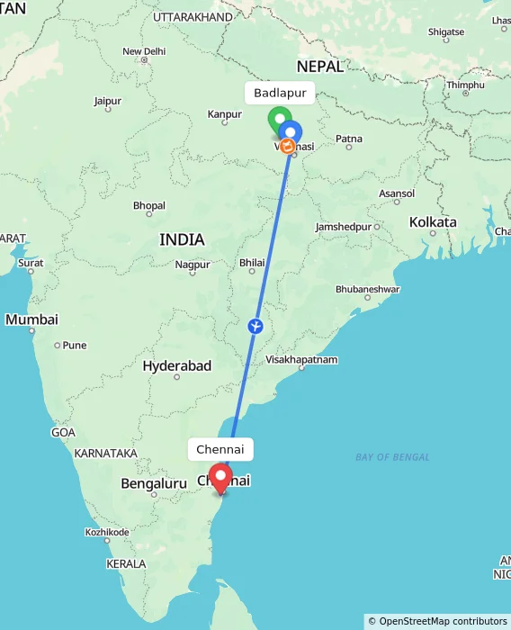 Route map showing distance and travel time from Badlapur, India to Chennai, India