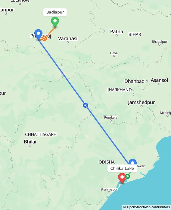 Route map showing distance and travel time from Badlapur, India to Chilika Lake, India