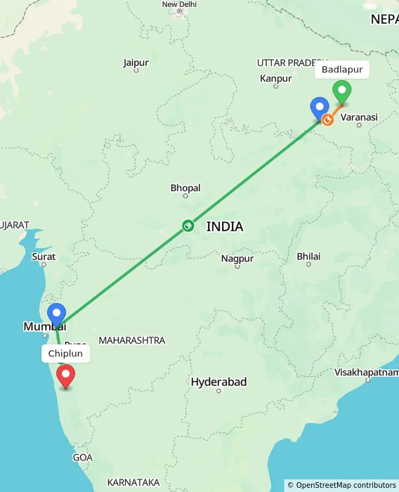 Route map showing distance and travel time from Badlapur, India to Chiplun, India
