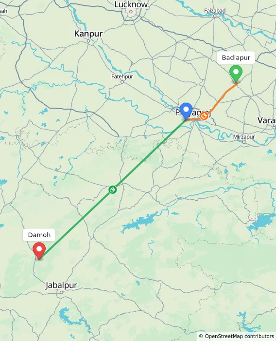 Route map showing distance and travel time from Badlapur, India to Damoh, India