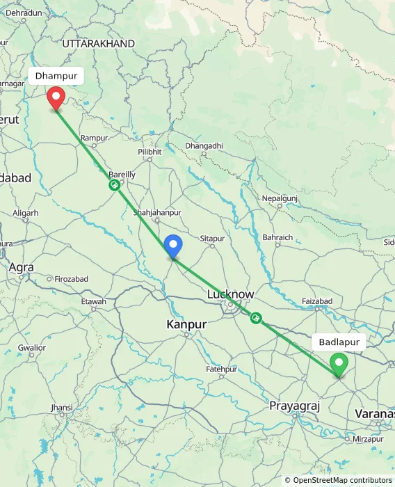 Route map showing distance and travel time from Badlapur, India to Dhampur, India