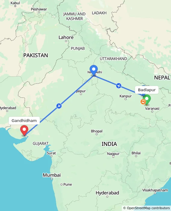 Route map showing distance and travel time from Badlapur, India to Gandhidham, India