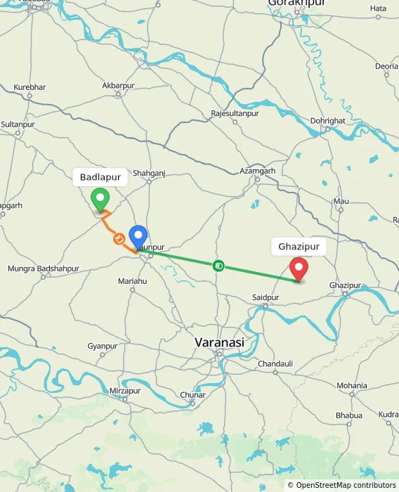 Route map showing distance and travel time from Badlapur, India to Ghazipur, India