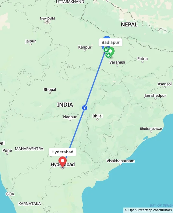 Route map showing distance and travel time from Badlapur, India to Hyderabad, India