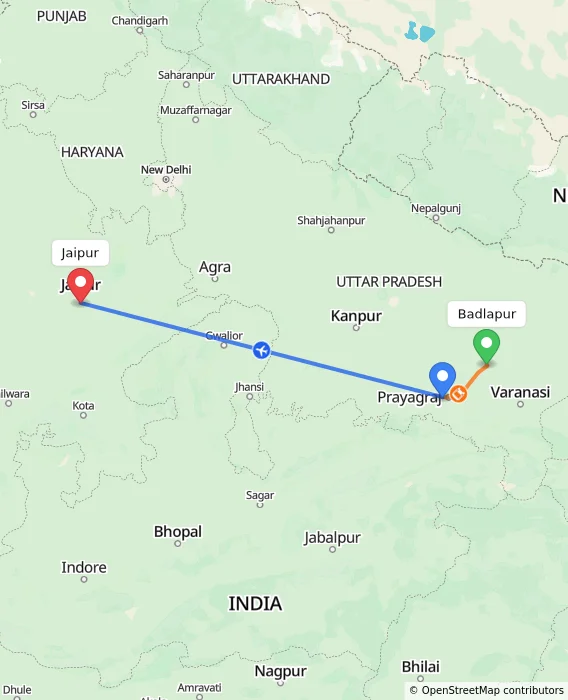 Route map showing distance and travel time from Badlapur, India to Jaipur, India