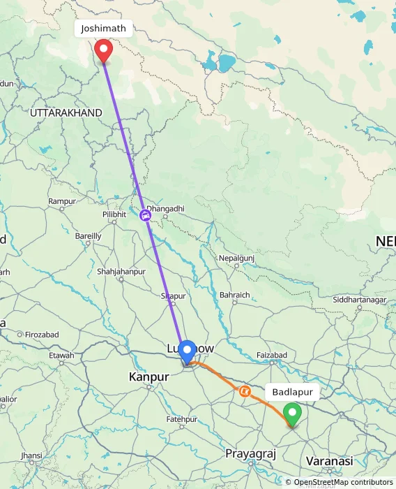 Route map showing distance and travel time from Badlapur, India to Joshimath, India