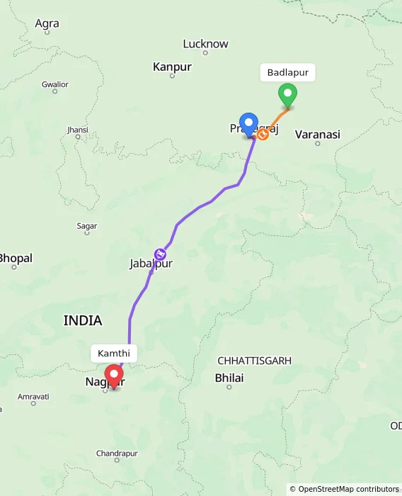 Route map showing distance and travel time from Badlapur, India to Kamthi, India
