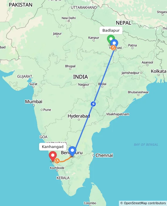 Route map showing distance and travel time from Badlapur, India to Kanhangad, India