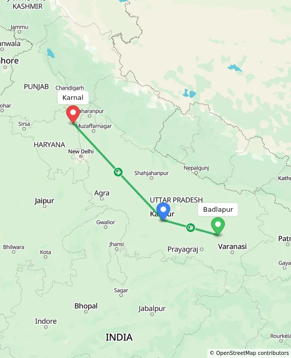 Route map showing distance and travel time from Badlapur, India to Karnal, India