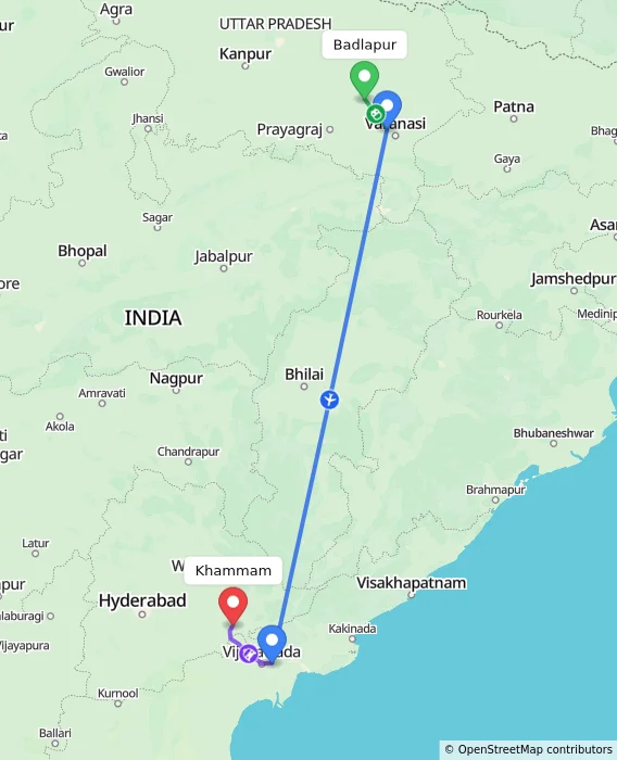 Route map showing distance and travel time from Badlapur, India to Khammam, India