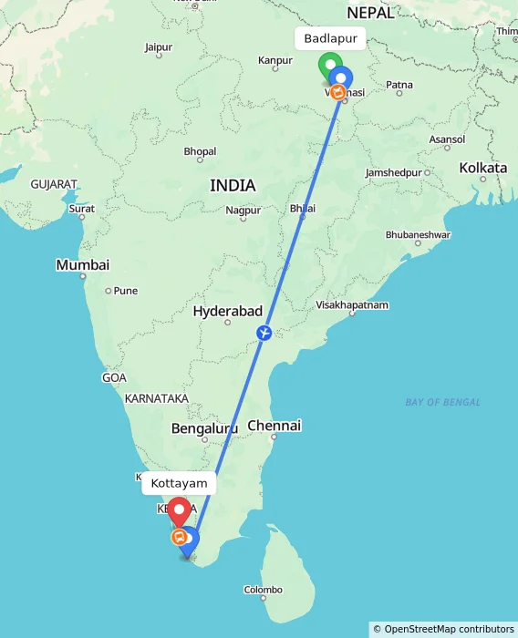Route map showing distance and travel time from Badlapur, India to Kottayam, India