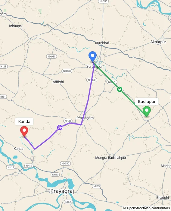Route map showing distance and travel time from Badlapur, India to Kunda, India