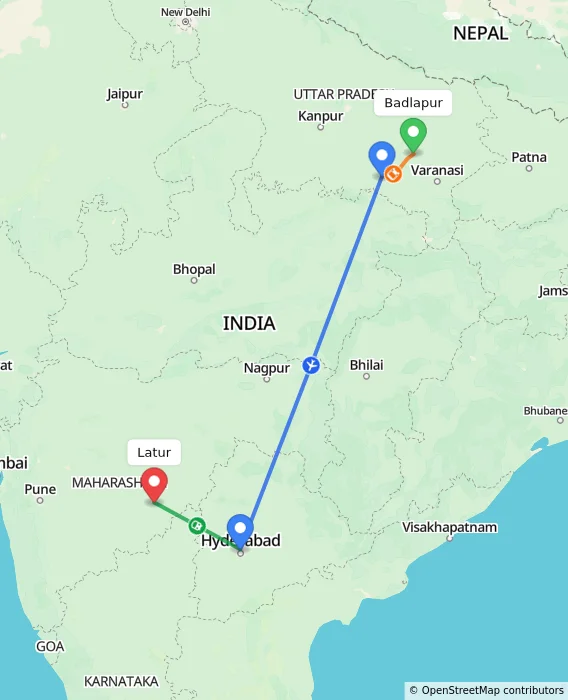 Route map showing distance and travel time from Badlapur, India to Latur, India