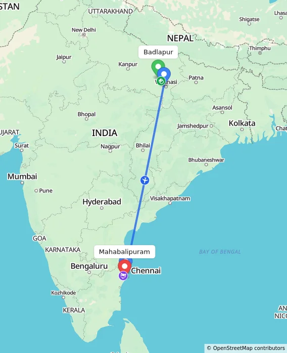 Route map showing distance and travel time from Badlapur, India to Mahabalipuram, India